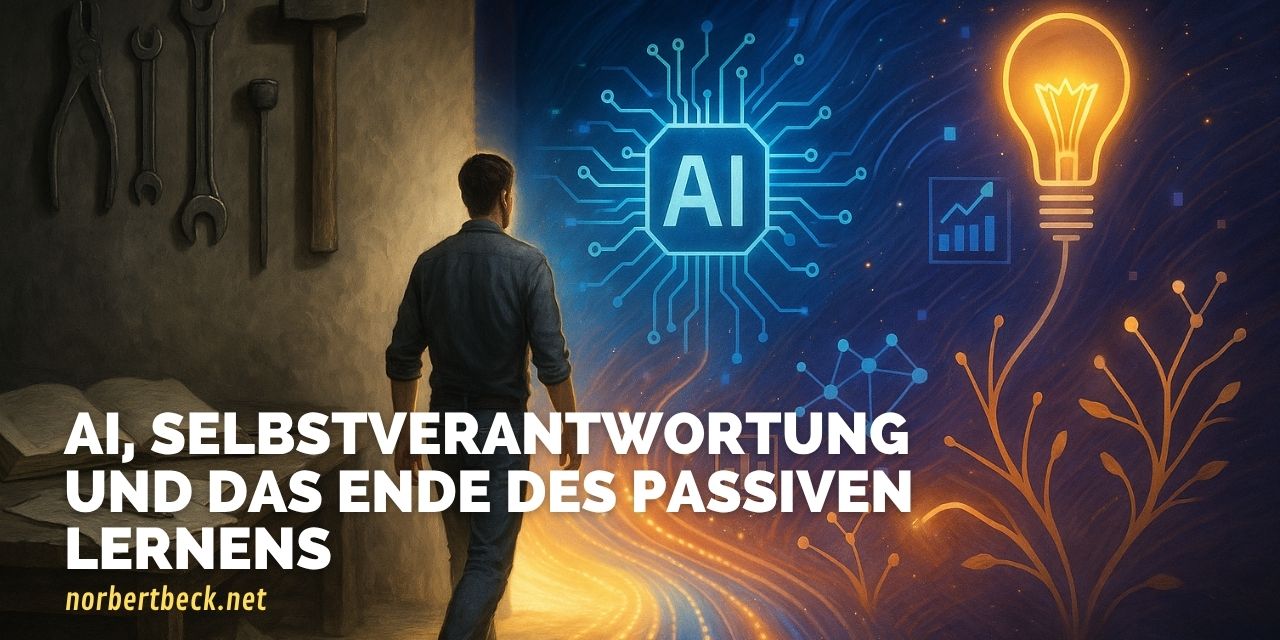 Grafik mit Mann, KI-Symbol, Glühbirne und Text „AI, SELBSTVERANTWORTUNG UND DAS ENDE DES PASSIVEN LERNENS“.