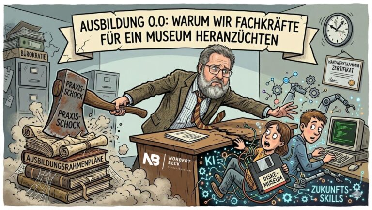 Karikatur zur Ausbildung mit Norbert Beck, einer Axt auf Ausbildungsrahmenplänen und der Überschrift „AUSBILDUNG 0.0“.